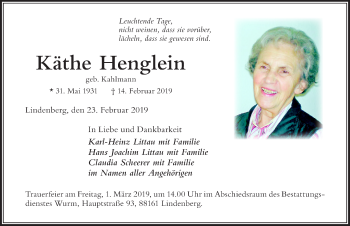 Traueranzeige von Käthe Henglein von Der Westallgäuer
