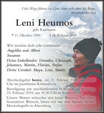 Traueranzeige von Leni Heumos von Der Westallgäuer