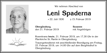 Traueranzeige von Leni Spaderna von Allgäuer Zeitung, Marktoberdorf