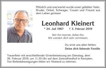 Traueranzeige von Leonhard Kleinert von Allgäuer Zeitung,Kempten