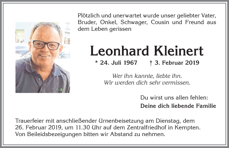  Traueranzeige für Leonhard Kleinert vom 22.02.2019 aus Allgäuer Zeitung,Kempten