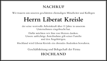 Traueranzeige von Liberat Kreisle von Der Westallgäuer