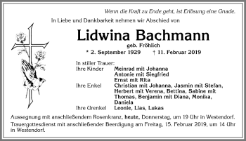 Traueranzeige von Lidwina Bachmann von Allgäuer Zeitung, Kaufbeuren/Buchloe