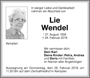 Traueranzeige von Lie Wendel von Allgäuer Zeitung,Kempten