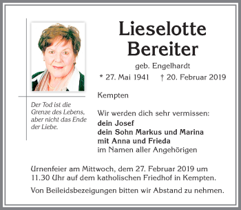 Traueranzeige von Lieselotte Bereiter von Allgäuer Zeitung,Kempten