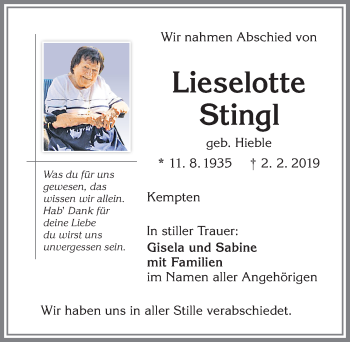 Traueranzeige von Lieselotte Stingl von Allgäuer Zeitung,Kempten