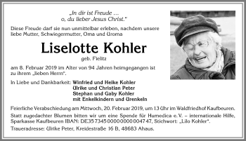 Traueranzeige von Liselotte Kohler von Allgäuer Zeitung, Kaufbeuren/Buchloe