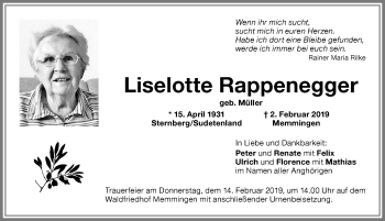 Traueranzeige von Liselotte Rappenegger von Memminger Zeitung