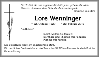 Traueranzeige von Lore Wenninger von Allgäuer Zeitung, Kaufbeuren/Buchloe