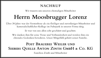 Traueranzeige von Lorenz Moosbrugger von Der Westallgäuer