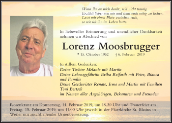Traueranzeige von Lorenz Moosbrugger von Der Westallgäuer