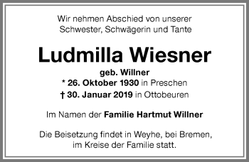 Traueranzeige von Ludmilla Wiesner von Memminger Zeitung