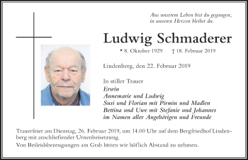 Traueranzeige von Ludwig Schmaderer von Der Westallgäuer
