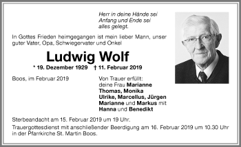Traueranzeige von Ludwig Wolf von Memminger Zeitung