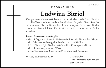 Traueranzeige von Ludwina Bitriol von Der Westallgäuer