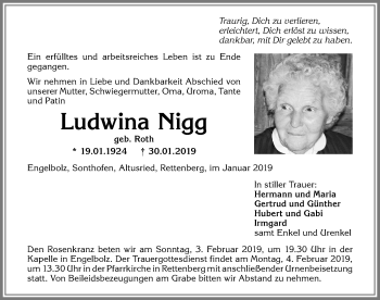 Traueranzeige von Ludwina Nigg von Allgäuer Zeitung
