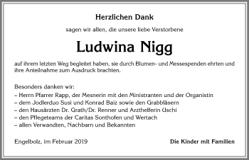 Traueranzeige von Ludwina Nigg von Allgäuer Anzeigeblatt