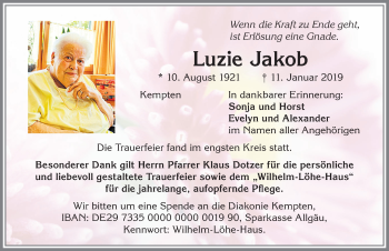 Traueranzeige von Luzie Jakob von Allgäuer Zeitung,Kempten