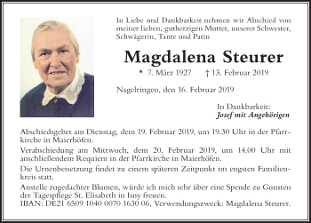 Traueranzeige von Magdalena Steurer von Der Westallgäuer