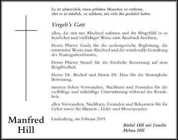 Traueranzeige von Manfred Hill von Der Westallgäuer