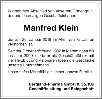 Traueranzeige von Manfred Klein von Memminger Zeitung