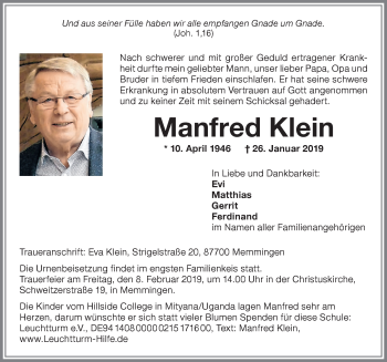 Traueranzeige von Manfred Klein von Memminger Zeitung