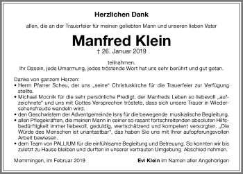 Traueranzeige von Manfred Klein von Memminger Zeitung