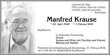 Traueranzeige von Manfred Krause von Allgäuer Zeitung, Kaufbeuren/Buchloe