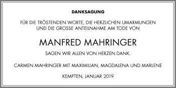 Traueranzeige von Manfred Mahringer von Allgäuer Zeitung,Kempten