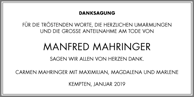  Traueranzeige für Manfred Mahringer vom 09.02.2019 aus Allgäuer Zeitung,Kempten
