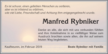 Traueranzeige von Manfred Rybniker von Allgäuer Zeitung, Kaufbeuren/Buchloe