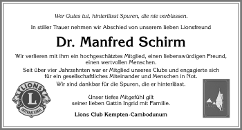 Traueranzeige von Manfred Schirm von Allgäuer Zeitung,Kempten