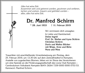Traueranzeige von Manfred Schirm von Allgäuer Zeitung,Kempten
