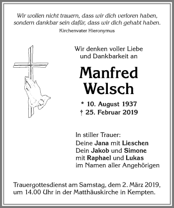 Traueranzeige von Manfred Welsch von Allgäuer Zeitung,Kempten