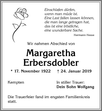 Traueranzeige von Margaretha Erbersdobler von Allgäuer Zeitung,Kempten
