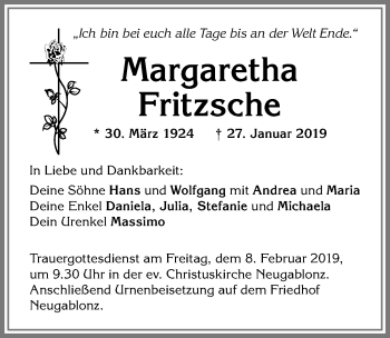 Traueranzeige von Margaretha Fritzsche von Allgäuer Zeitung, Kaufbeuren/Buchloe