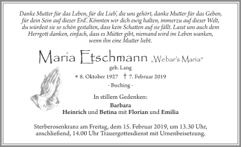 Traueranzeige von Maria Etschmann von Allgäuer Zeitung, Füssen