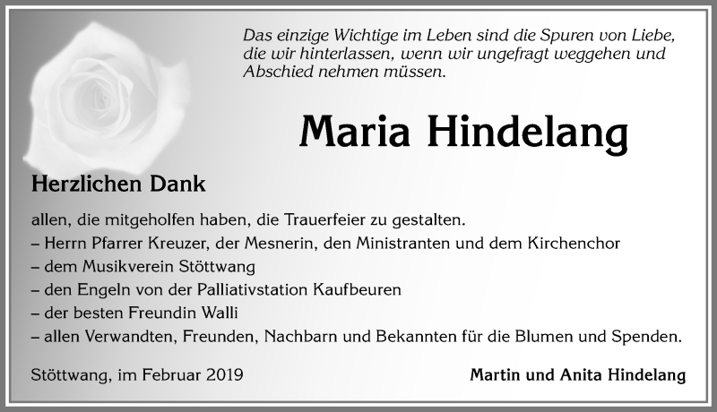  Traueranzeige für Maria Hindelang vom 16.02.2019 aus Allgäuer Zeitung, Kaufbeuren/Buchloe
