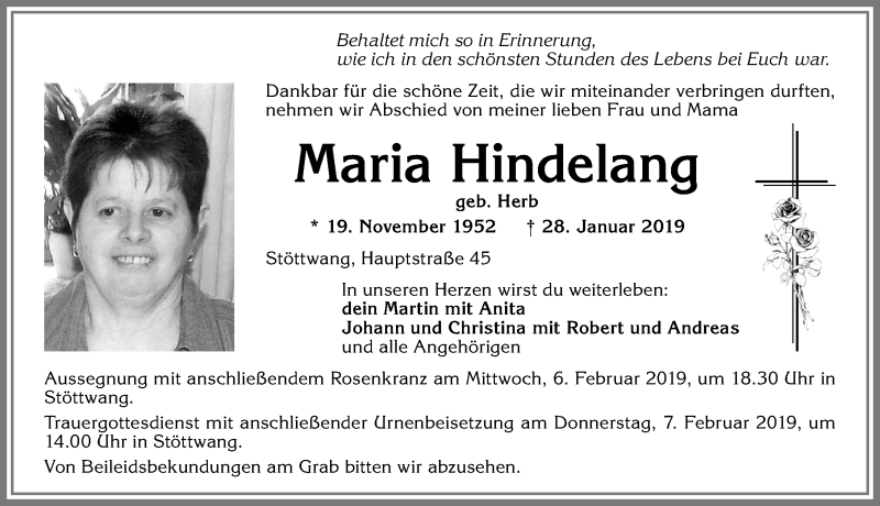  Traueranzeige für Maria Hindelang vom 05.02.2019 aus Allgäuer Zeitung, Kaufbeuren/Buchloe