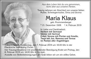 Traueranzeige von Maria Klaus von Allgäuer Zeitung,Kempten