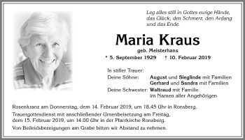 Traueranzeige von Maria Kraus von Allgäuer Zeitung, Marktoberdorf