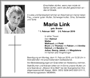 Traueranzeige von Maria Link von Memminger Zeitung