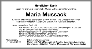 Traueranzeige von Maria Mussack von Memminger Zeitung