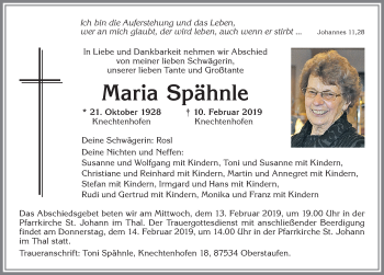 Traueranzeige von Maria Spähnle von Allgäuer Zeitung