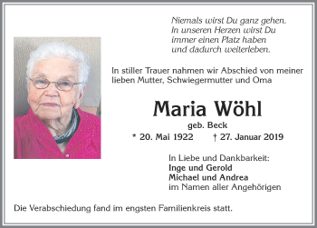 Traueranzeige von Maria Wöhl von Allgäuer Zeitung, Kaufbeuren/Buchloe