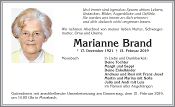 Traueranzeige von Marianne Brand von Allgäuer Zeitung,Kempten