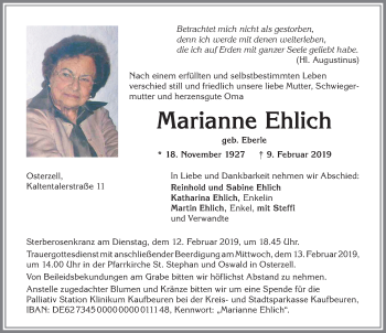 Traueranzeige von Marianne Ehlich von Allgäuer Zeitung, Kaufbeuren/Buchloe