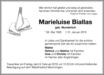 Traueranzeige von Marieluise Biallas von Memminger Zeitung