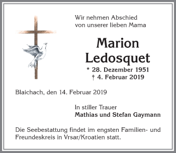 Traueranzeige von Marion Ledosquet von Allgäuer Anzeigeblatt
