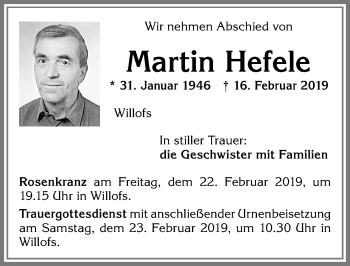 Traueranzeige von Martin Hefele von Allgäuer Zeitung